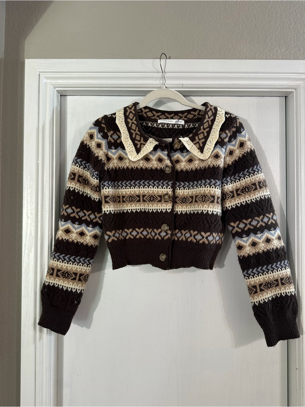 Altar'd State Brown, Cream & Blue Fair Isle Cropped Cardigan